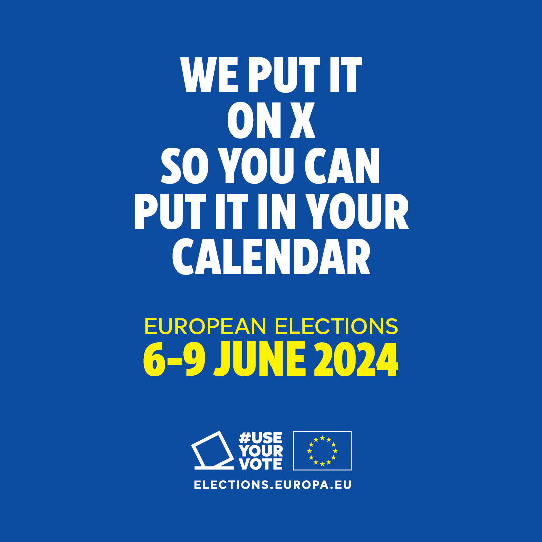 It takes 30 seconds to put the European elections in your calendar ✅

It's 5 years to wait if you miss them.

Sign up and be reminded to vote on 6-9 June 👉elections.europa.eu/en/use-your-vo…

#UseYourVote #EUElections2024