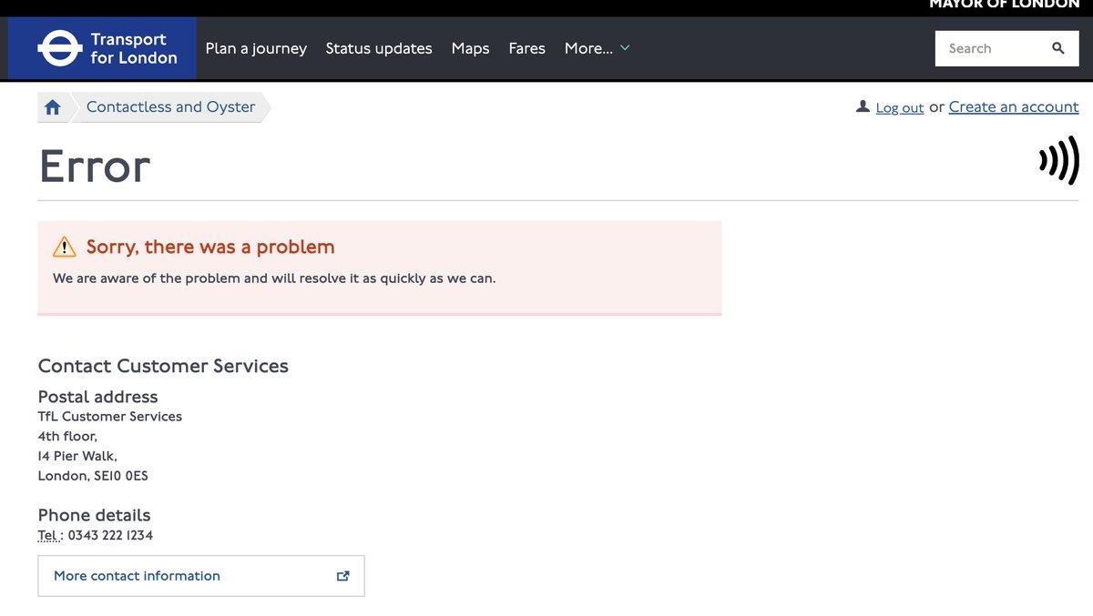lukegregory's tweet photo. @TfL Is there an issue with the Contactless section of the website? I've been getting this error for a few days now. https://t.co/lPANlimVmJ