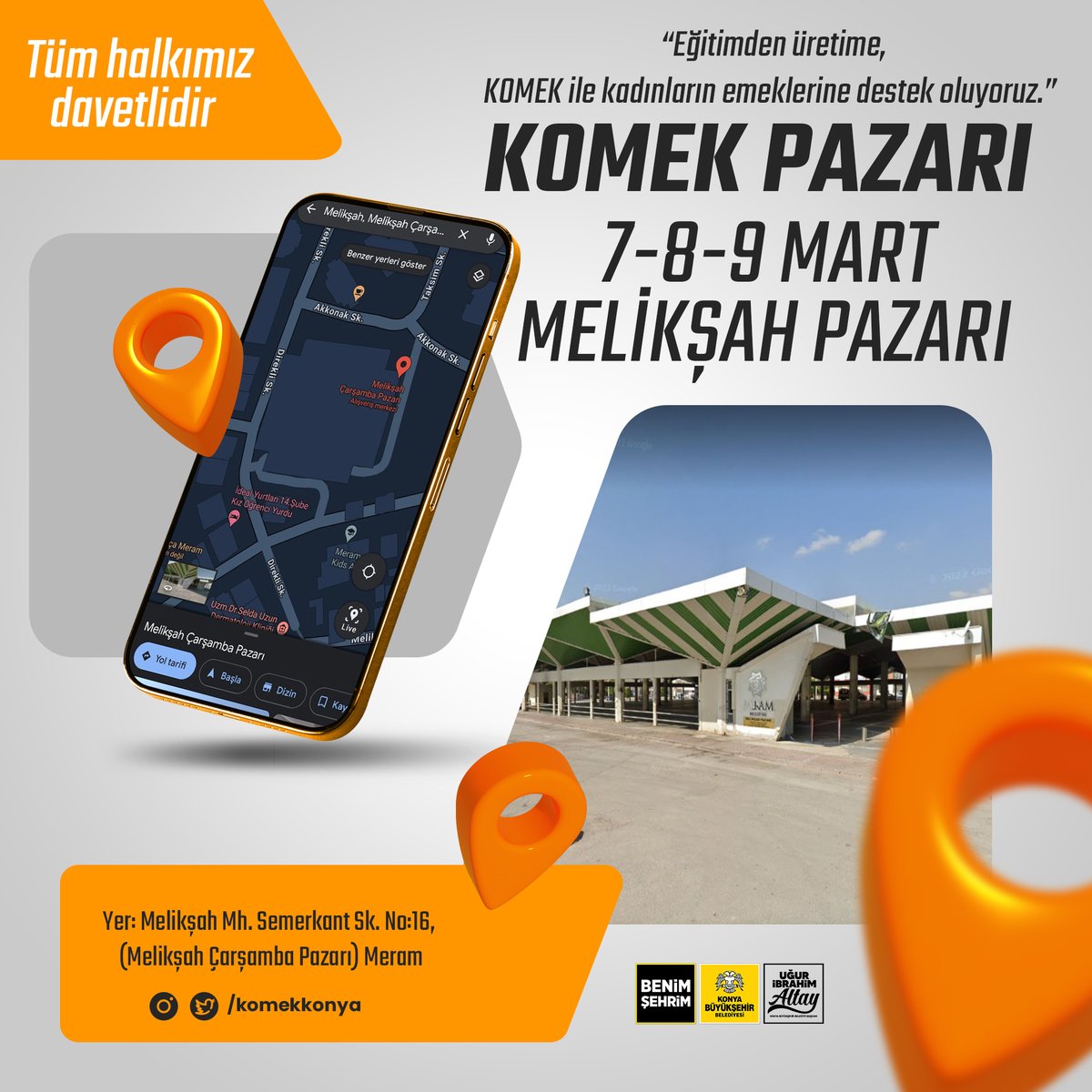 Eğitimden üretime, KOMEK ile kadınların emeklerine destek oluyoruz.

8 Mart Dünya Kadınlar Günü dolayısıyla “KOMEK Mezunları ve Mensupları Derneği” KOMEK öğrencilerimizin istihdamı adına 3 günlük sosyal sorumluluk projesi kapsamında Melikşah Pazar alanında ürün satışı yapılacak.