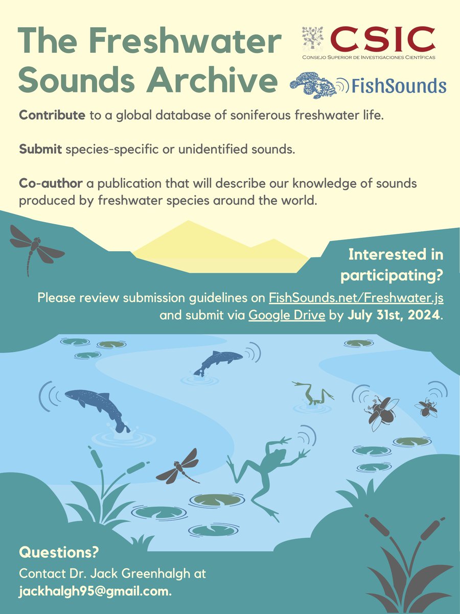 Introducing The Freshwater Sounds Archive, an initiative led by myself in collaboration with @fishsoundsweb! Contribute to a global archive of soniferous freshwater life and receive recognition as a co-author in a resulting data paper. See link 👇4 more fishsounds.net/freshwater.js