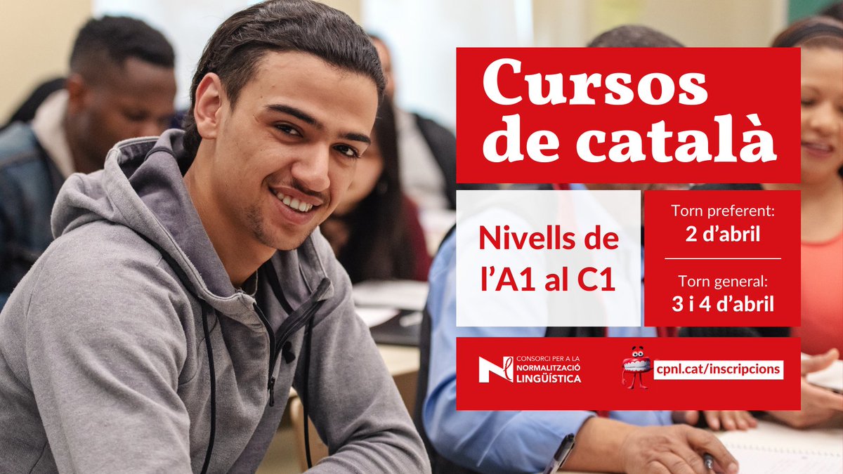 📣Nou període d'inscripcions als cursos de català.

🖍️ Nivells: De l'A1 al C1
📅 Torn preferent: 2 d'abril
📅 Torn general: 3 i 4 d'abril

🗣️ Límit per demanar una prova de nivell: 20 de març

👁️📰 Informa-te'n a 
👉 cpnl.cat/inscripcions