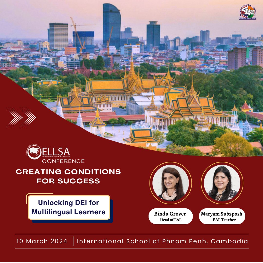We're excited to share that <a href="/Bindyuu/">Bindyuu 🌏</a>, Head of EAL, and <a href="/MaryamSubzposh/">Maryam Subzposh</a>, EAL Teacher, will be representing TBS at the <a href="/ELLSAChat/">ELLSA</a> conference at <a href="/ISPPCambodia/">ISPP Cambodia</a>. They will be discussing Unlocking DEI for Multilingual Learners. We wish them luck! 👏✨
#TBSDelhi #TeamTBS #ELLSA2024 #CPD