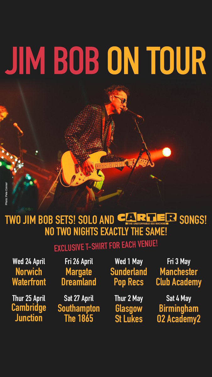 I’m doing sixteen gigs in eight days in April and May. All dates except Sunderland: seetickets.com/tour/jim-bob Sunderland: musicglue.com/pop-recs-ltd/e…
