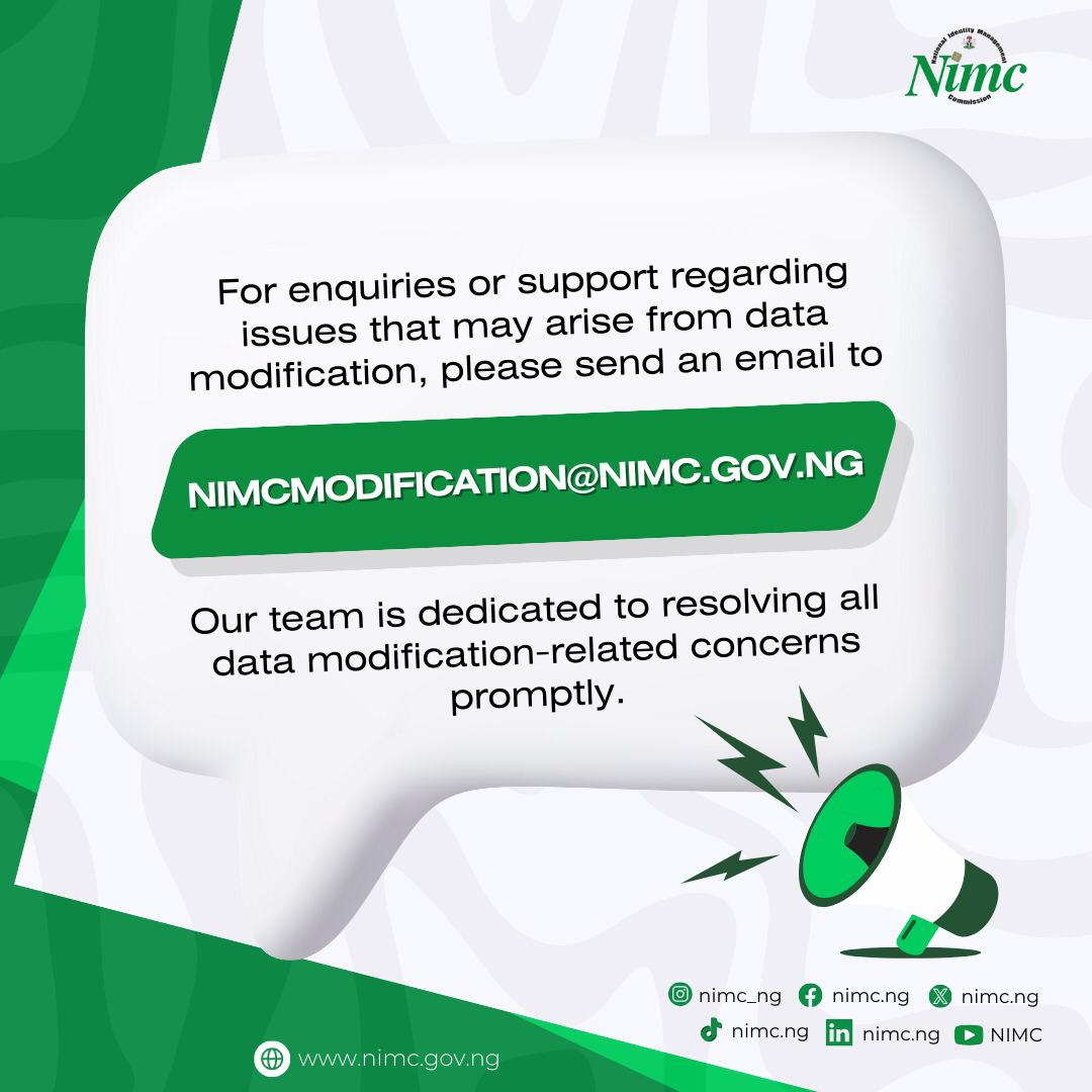 OluwaKamal's tweet image. The @nimc_ng has established a dedicated team to promptly address any concerns related to data modification. For inquiries or support regarding issues arising from data modification, please contact nimcmodification@nimc.gov.ng. #NIMC2024 #NINModification