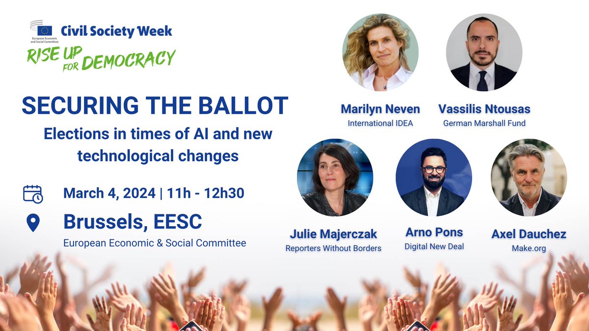 Let’s kick off the week with the workshop 'Securing the ballot: Elections in times of AI' at the EESC’s Civil Society Week! Join us for insightful discussions on safeguarding democracy. Livestream at 11 AM: tiny.cc/hde4xz #CivilSocietyWeek #AI #Election