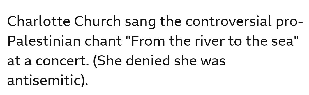 Here's the BBC casually slipping in a conflation of anti-semitism with being anti-genocide, regarding Charlotte Church, the Welsh singer. They have to make sure other famous people don't get any ideas #Palestine
