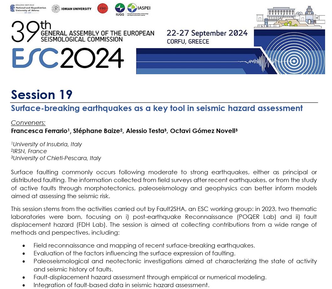Will you attend the 39th #ESC2024 congress in Corfu? Consider contributing to session 19 'surface-breaking earthquakes as a key tool in seismic hazard assessment' 🚨Deadline 12 April erasmus.gr/microsites/1277