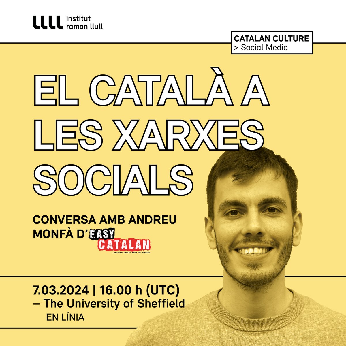 📢 Aquest dijous, l'alumnat de català de la Universitat de Sheffield tindrà el plaer de parlar amb l'Andreu Monfà, d'Easy Catalan, sobre el català de les xarxes socials i en tenim moltes ganes!

Us hi esperem!