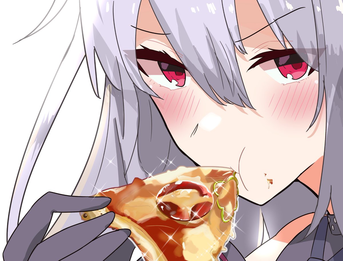 1girl pizza food eating solo holding food holding  illustration images
