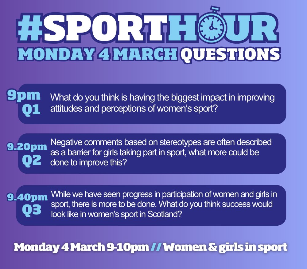 Today's the day! Join us from 9pm tonight for #SportHour, where we'll be discussing women and girls in sport along with @Womeninsport_uk @IWGWomenSport @francesca_seton Find out how to get involved ⬇️ sportscotland.org.uk/about-us/sport…