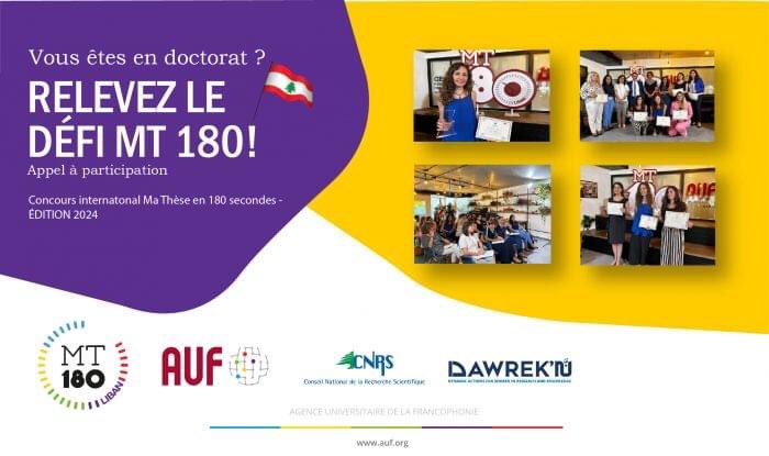 📣 #APPEL à participation Vous êtes #doctorant.e ❓Ne ratez pas de candidater à la 7ème édition du concours 𝗠𝗮 𝗧𝗵𝗲̀𝘀𝗲 𝗲𝗻 𝟭𝟴𝟬 𝘀𝗲𝗰𝗼𝗻𝗱𝗲𝘀-𝗟𝗶𝗯𝗮𝗻 🇱🇧 #MT180 qui se déroulera en juin 2024. 🔗 cnrs.edu.lb/english/call-o…