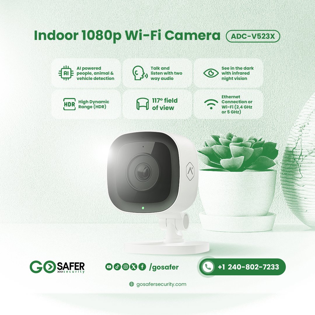 gosafer's tweet image. Capture every detail with our ADC-V523X Indoor 1080p Wi-Fi Camera! Experience crystal-clear video with HDR, stay connected through Ethernet, and engage with Two-Way Audio. Elevate your home security to the next level. 🔒✨ Get your free quote today! #SmartSecurity #HomeMonitoring