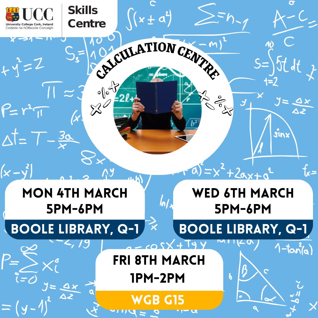 Join us for our Calculation Centre sessions this week! They will take place in the Skills Centre, Boole Library Q-1 on Monday and Wednesday. The Friday session will take place in the Western Gateway Building in room G15. 👉 bit.ly/3IKRulw