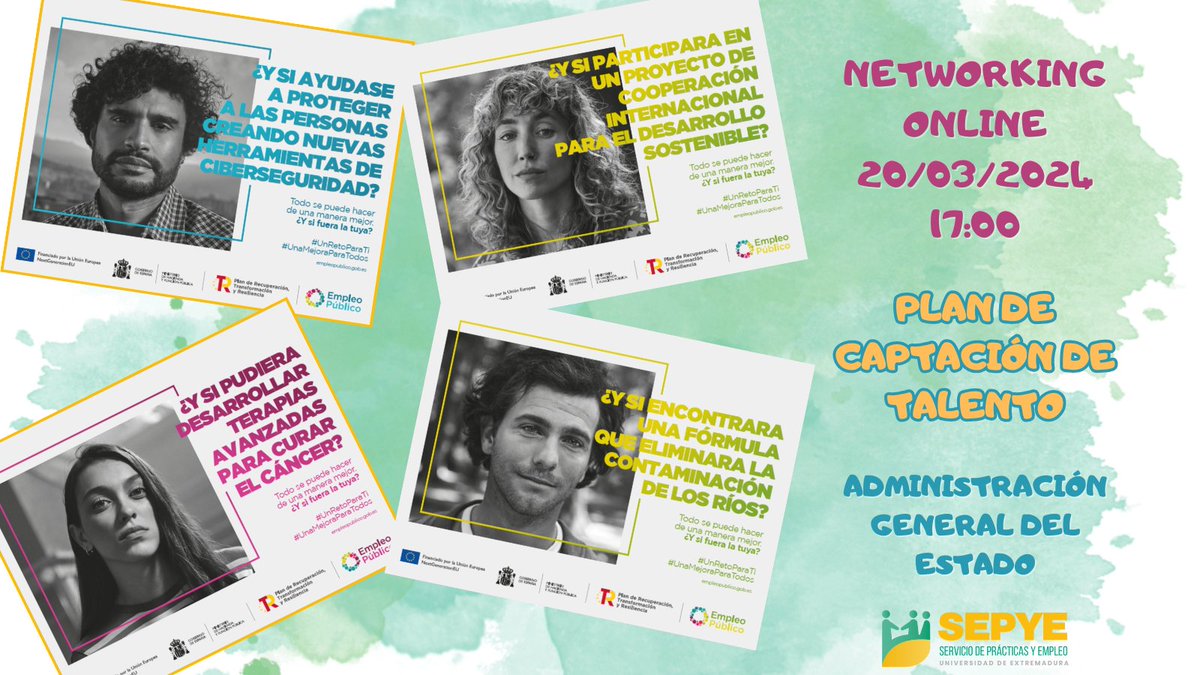 📷📷📷 PLAN DE CAPTACIÓN DE TALENTO
Administración General del Estado.

La Universidad de Extremadura organiza esta sesión de networking.
La sesión tendrá lugar en la plataforma Zoom el próximo 20 de marzo a las 17:00
Incríbete:

forms.office.com/e/n1uXtHMwWZ
#empleo #uex #extremadura