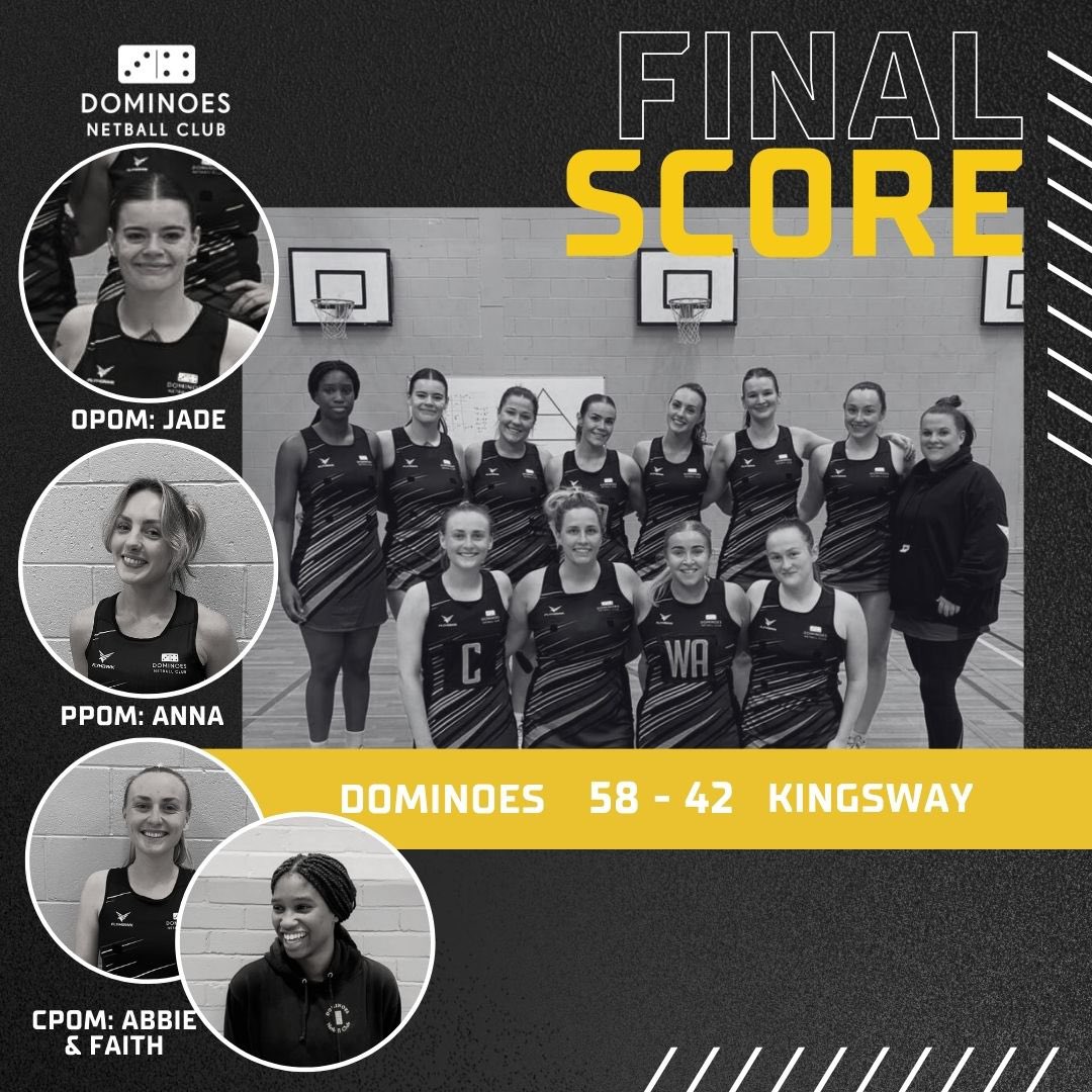 💥 Champs 1 Result 💥 Yesterday our Champs 1 squad put on a strong display against a young, well drilled side. All 12 players took to the court and make immediate impact.🔥 Final Score: 58-42 👏🏻 OPOM: Jade PPOM: Anna CPOM: Abbie & Faith 💛🖤 #regional #champs #wearedominoes