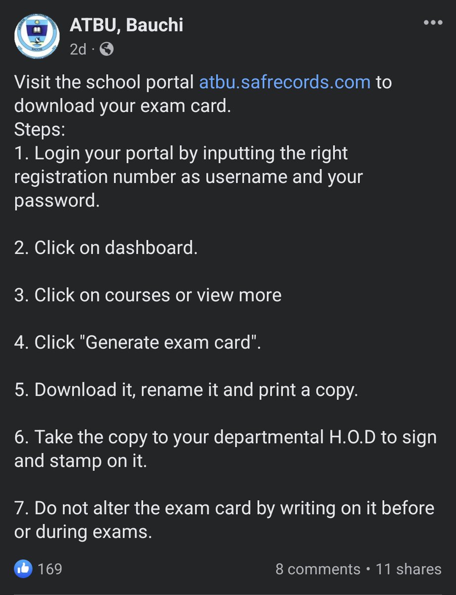 Visit the school portal atbu.safrecords.com to download your exam card.
Steps:
1. Login your portal by inputting the right registration number as username and your password.

2. Click on dashboard.

3. Click on courses or view more

4. Click "Generate exam card".