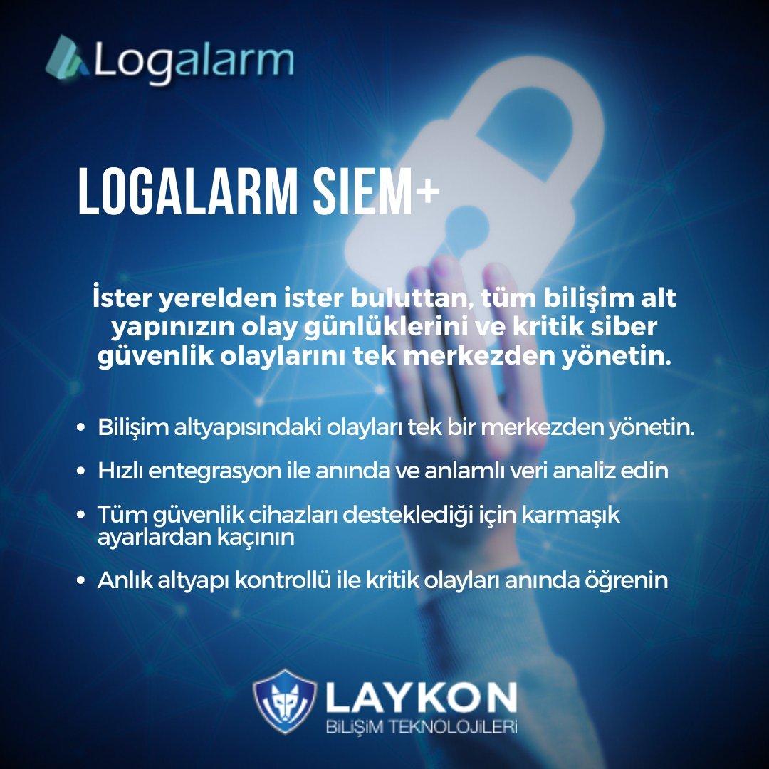 Güvenliğinizi tek bir merkezden yönetmek için LogAlarm SIEM+ ile tanışın Farklı güvenlik cihazlarınızı entegre edebilir, tehditleri hızla tespit edebilirsiniz Bilgi işlem altyapınızı 7/24 izleyebilirsiniz LogAlarm SIEM+ ile kurumunuz avucunuzun içinde #laykon #logalarm #log #SIEM