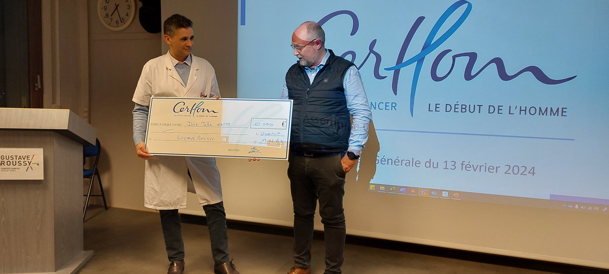 Un grand merci à @CerhomAsso d'avoir remis un chèque 10 000 € à @GustaveRoussy en février. 🙏 💬 « C'est la 1ère fois que nous remettons un chèque afin de favoriser la #recherche sur les cancers masculins et nous sommes très heureux de pouvoir le faire. » Association CerHom.