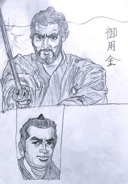 御陣乗太鼓復活のニュースが出ていたが、御陣乗太鼓と聞くと子供の頃に見た五社英雄監督、仲代達矢主演の『御用金』を思い出す。映画冒頭でドンドコやっているところが印象深かったのよ。
これは当時、パンフを見て描いたと思われる模写。 