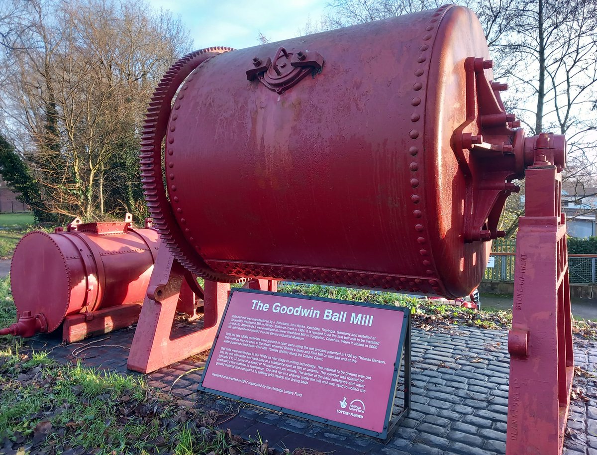 EtruriaMuseum's tweet photo. At our site: a ball mill made in #Katzhutte Germany, installed at Goodwin's Westwood Mill (Hanley) in 1904, for grinding raw materials for the pottery industry. Kindly donated to the museum by John Goodwin in 2000. #Potteries #StokeOnTrent #Staffordshire https://t.co/bsQArAvMwN