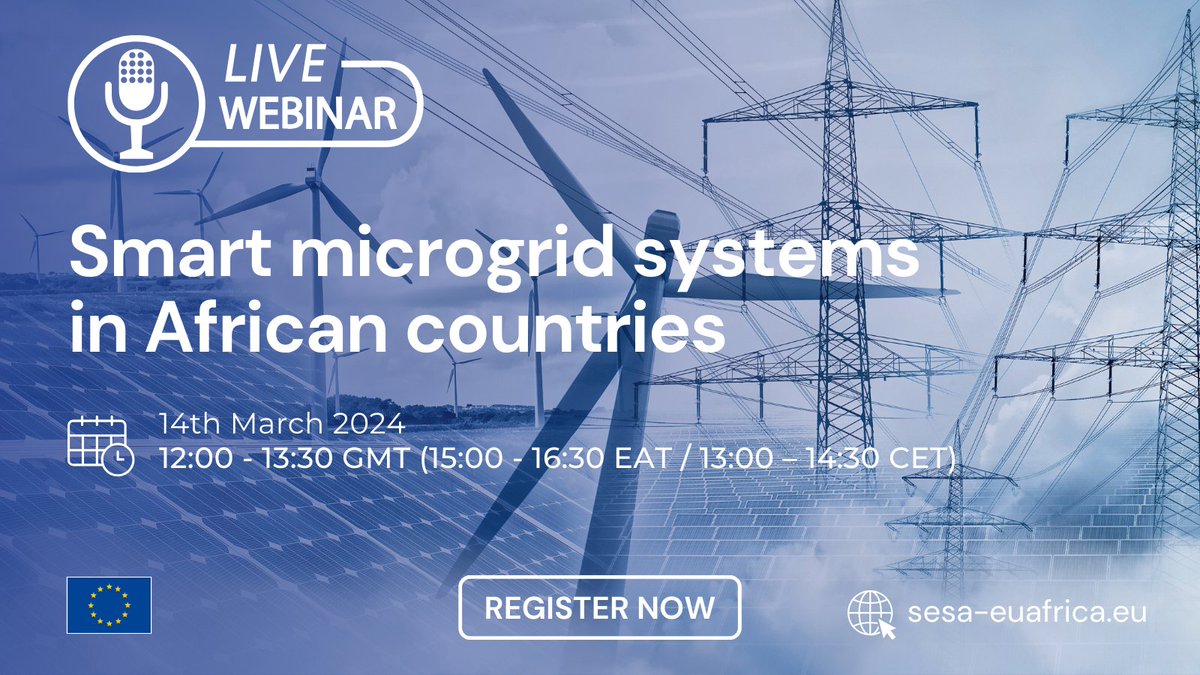 💻 Learn how to harness the potential of #smartmicrogrids with our webinar on 𝗦𝗺𝗮𝗿𝘁 𝗺𝗶𝗰𝗿𝗼𝗴𝗿𝗶𝗱 𝘀𝘆𝘀𝘁𝗲𝗺𝘀 𝗶𝗻 𝗔𝗳𝗿𝗶𝗰𝗮𝗻 𝗰𝗼𝘂𝗻𝘁𝗿𝗶𝗲𝘀. 🗓️ 14 March 2024 ⏰ 12:00 - 13:30 GMT (13:00 – 14:30 CET) Learn more 👉 sesa-euafrica.eu/harnessing-the…