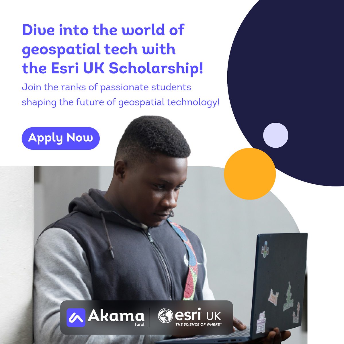 Thrilled to announce Esri UK's partnership with Akama Fund for the Geospatial Student Accelerator! This program supports Black & mixed Black heritage students in higher ed with £30,000 in awards. Apply now: esri.social/pYfE50QJStO. #DiversityinTech #Scholarships