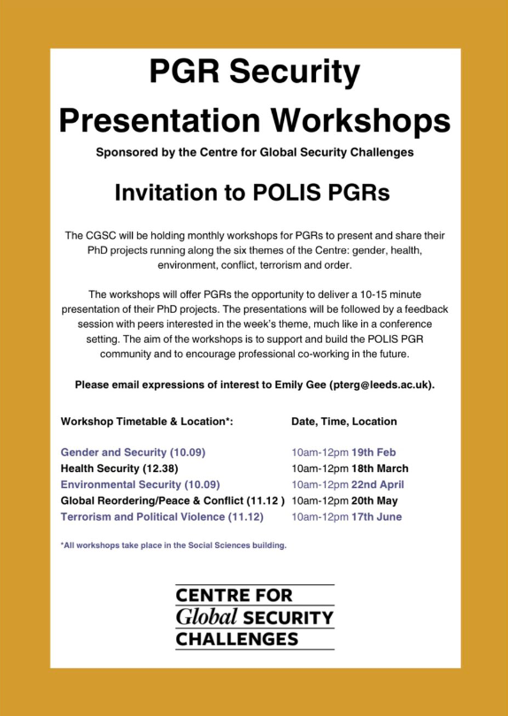 💡The next PGR Security Presentation Workshop will focus on Health Security. PGRs are invited to join us on 18th March for this event in collaboration with @wrssdtp & @SCJ_WRDTP. wrdtp.ac.uk/events/securit… @POLISatLeeds @EmilyRGee