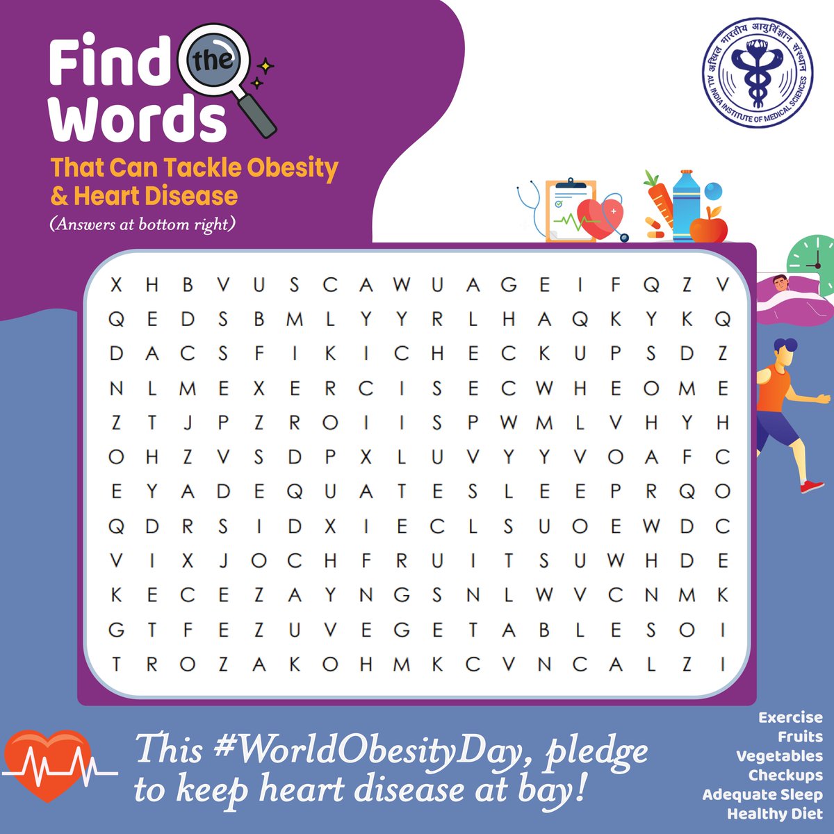#Obesity and #HeartDisease 🫀 go hand-in-hand. Solve the #WordGrid below to find out what can you do to beat them both. Today, on #WorldObesityDay, let's remember to keep obesity and heart disease at bay! #WOD2024 @aiims_newdelhi