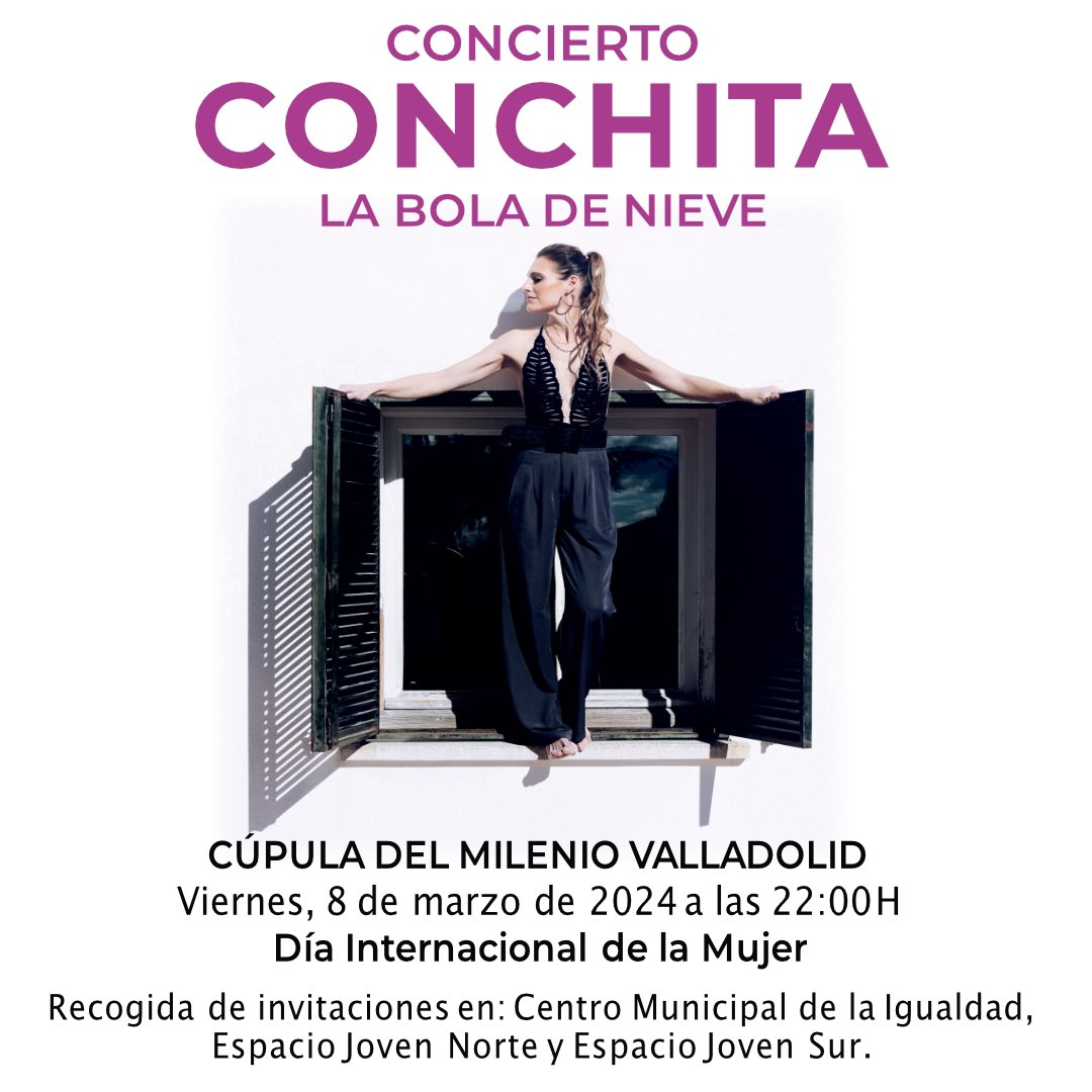 VallanoChe (@vallanoche) on Twitter photo Este viernes 8 de marzo concierto de <a href="/OficialConchita/">Conchita</a> Cúpula del Milenio a las 22:00 horas, con motivo de la celebración del #8M
Puedes recoger tus entradas en el Centro <a href="/IgualdadVallad1/">Centro Municipal de Igualdad de Valladolid</a> y en los dos Espacios Jóvenes. <a href="/ejovensurVA/">Espacio Joven Sur</a> <a href="/EJnorteVLL/">espaciojovennorte.es</a>
Gratuito No te quedes sin la tuya! Este viernes 8 de marzo concierto de <a href="/OficialConchita/">Conchita</a> Cúpula del Milenio a las 22:00 horas, con motivo de la celebración del #8M
Puedes recoger tus entradas en el Centro <a href="/IgualdadVallad1/">Centro Municipal de Igualdad de Valladolid</a> y en los dos Espacios Jóvenes. <a href="/ejovensurVA/">Espacio Joven Sur</a> <a href="/EJnorteVLL/">espaciojovennorte.es</a>
Gratuito No te quedes sin la tuya!