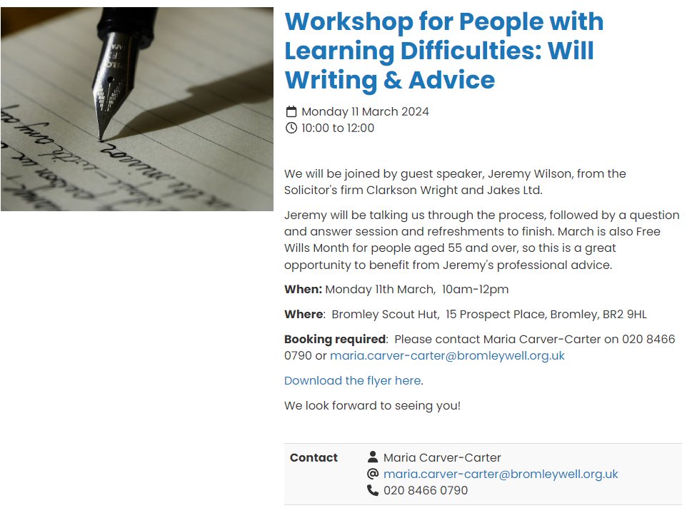 🔊Coming soon
FREE Workshop for people with learning difficulties: Will writing & advice

@FreeWillsMonth is March so good time to start planning

Check our website for info & how to book
👇
ow.ly/LkFb50Qttia
@bromleymencap @CASPA_Online @ALDatOxleas #MakeAWill @CWJltd