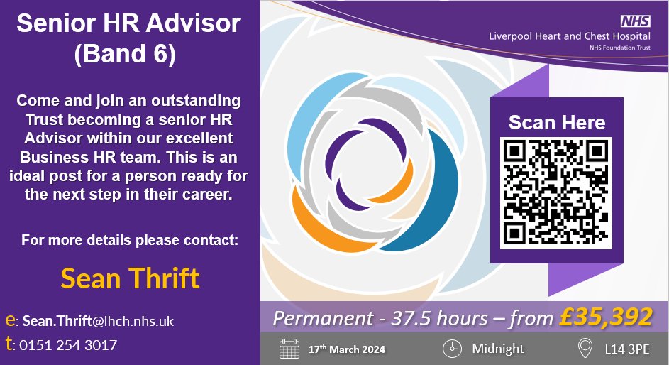 Are you an experienced #HRAdvisor who is ready for the next step in their career within a fast paced, outstanding, specialist #NHSorganisation. If so, this is the opportunity for you. Apply now using the QR code!  😁@LHCHFT