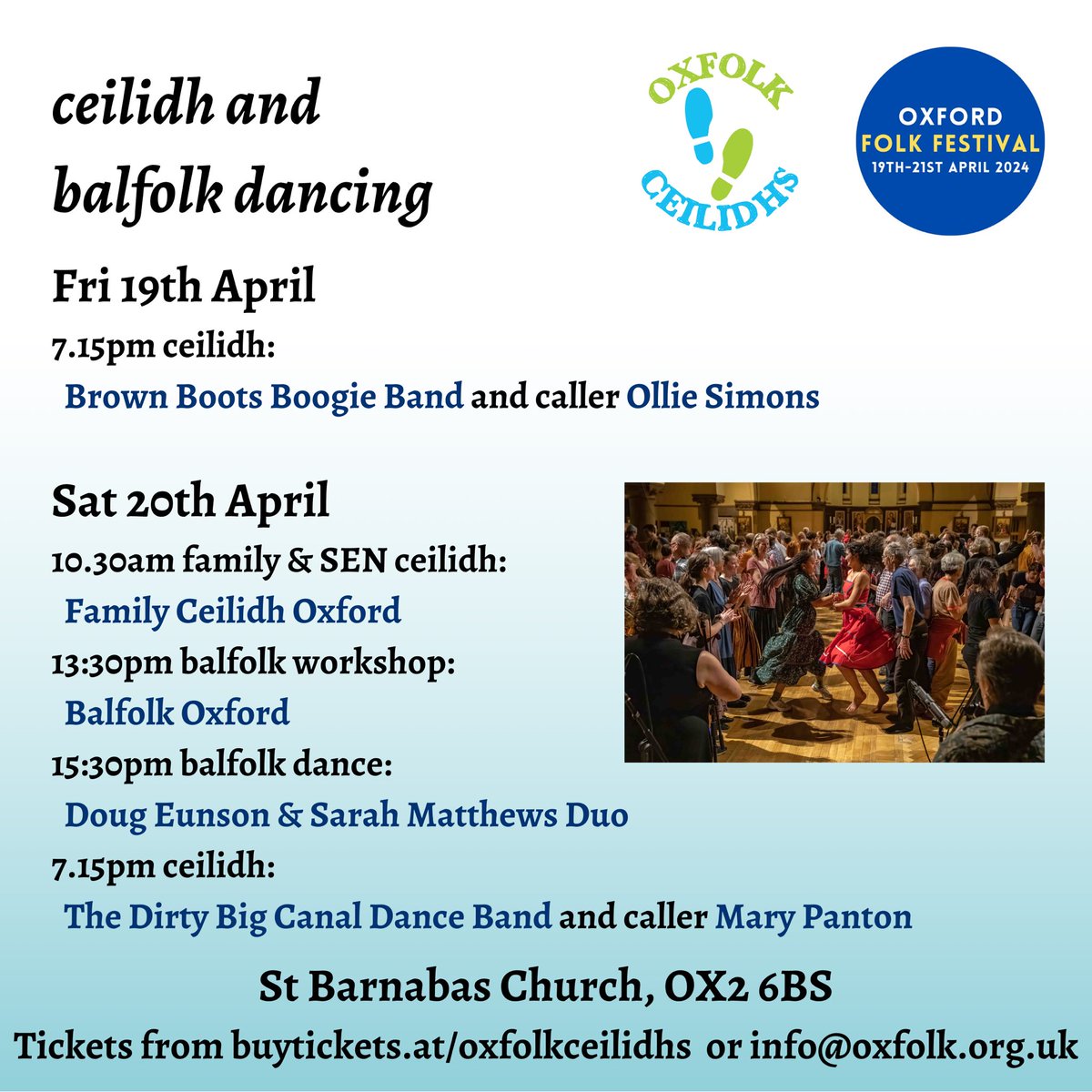 Tickets are on sale now for our dances at this year’s #OxfordFolkFestival 19 + 20 April
Tickets from buytickets.at/oxfolkceilidhs #ceilidh #balfolk #folk #OxTweets