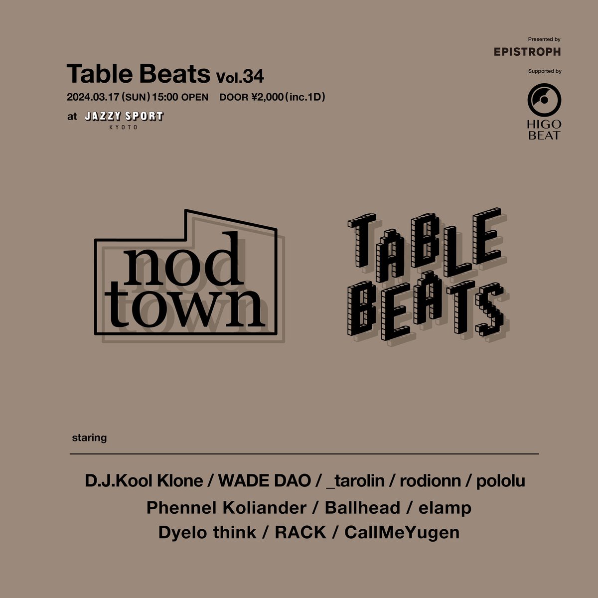 TableBeatsRec's tweet photo. Table Beats Vol.34
"NOD TOWN × Table Beats"
2024.3.17(SUN) 15:00 OPEN
at Jazzy Sport Kyoto
DOOR ¥2,000- (inc.1D)

D.J.Kool Klone / WADE DAO
 _tarolin / rodionn / pololu
Phennel Koliander / Ballhead /elamp
Dyelo think / RACK / CallMeYugen https://t.co/lyrz5EcQtB