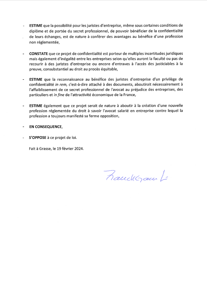Les barreaux membres de la Conférence unis contre la proposition de loi sur la confidentialité des consultations juridiques des juristes d'entreprise. 
Merci au <a href="/BarreauGrasse/">Barreau de Grasse</a> qui soutient la <a href="/Conf_Batonniers/">ConférenceBâtonniers</a> et le @CNB dans leur opposition. 
#ToujoursNON