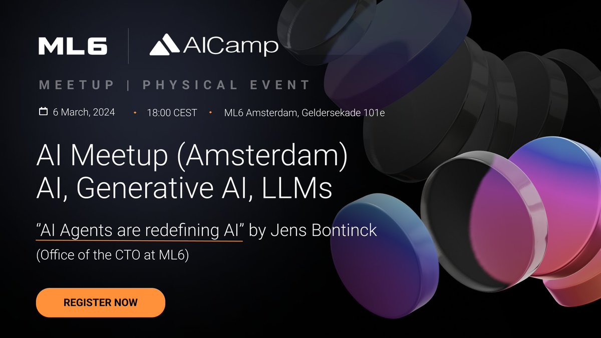 Join @ml6team & @aicampai for an exciting #meetup in Amsterdam, featuring Jens Bontinck, who will be sharing his perspective on a very hot topic: #AIAgents. Register now!👉hubs.la/Q02mZjWZ0