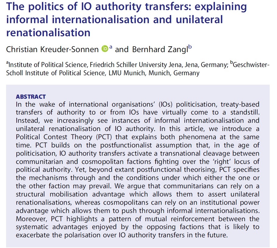 A *Political Contest Theory* to explain contemporary IO authority transfers: #informal internationalization and unilateral #renationalization with Bernhard Zangl @LMUGlobalGover --> out now @jepp_journal #OpenAccess (short 🧵) 👇 tandfonline.com/doi/full/10.10…