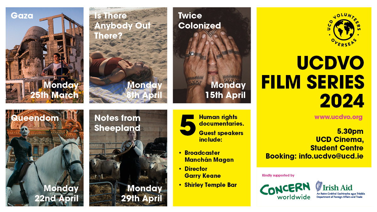 We're delighted to share the programme for this years UCDVO Film Series, starting 25th March. With an exciting line-up of films and speakers. Check out the programme and email info.ucdvo@ucd.ie to book your seat. All welcome! ucdvo.org/volunteeringgl…