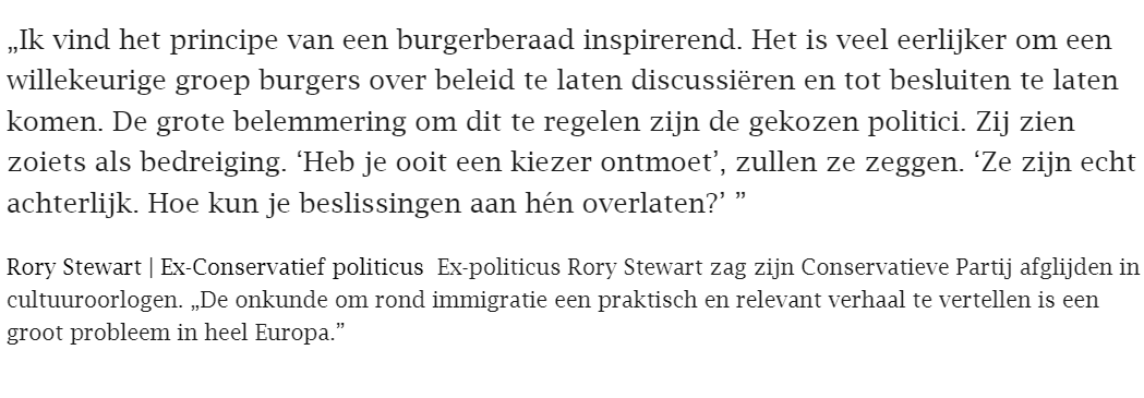 TegenVerkiezing's tweet photo. British former politician (Conservative Party) @RoryStewartUK advocates for Citizens' Assemblies in one of the main Dutch newspapers @nrc: "The biggest obstacle to get this done is elected politicians." #SortitionNL #SortitionUK @annemariekas https://t.co/g8RrXfy70m