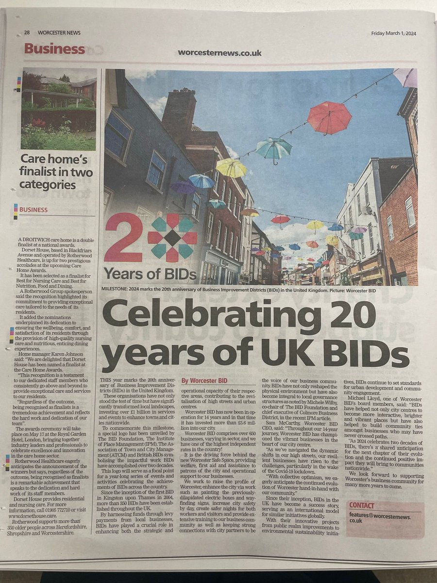 Last Friday we covered the national celebration that is 20 years of UK BIDS in the @worcesternews! We have been part of this community for 14 years and look forward to supporting our business community more over the coming years providing support and investment in the local area.