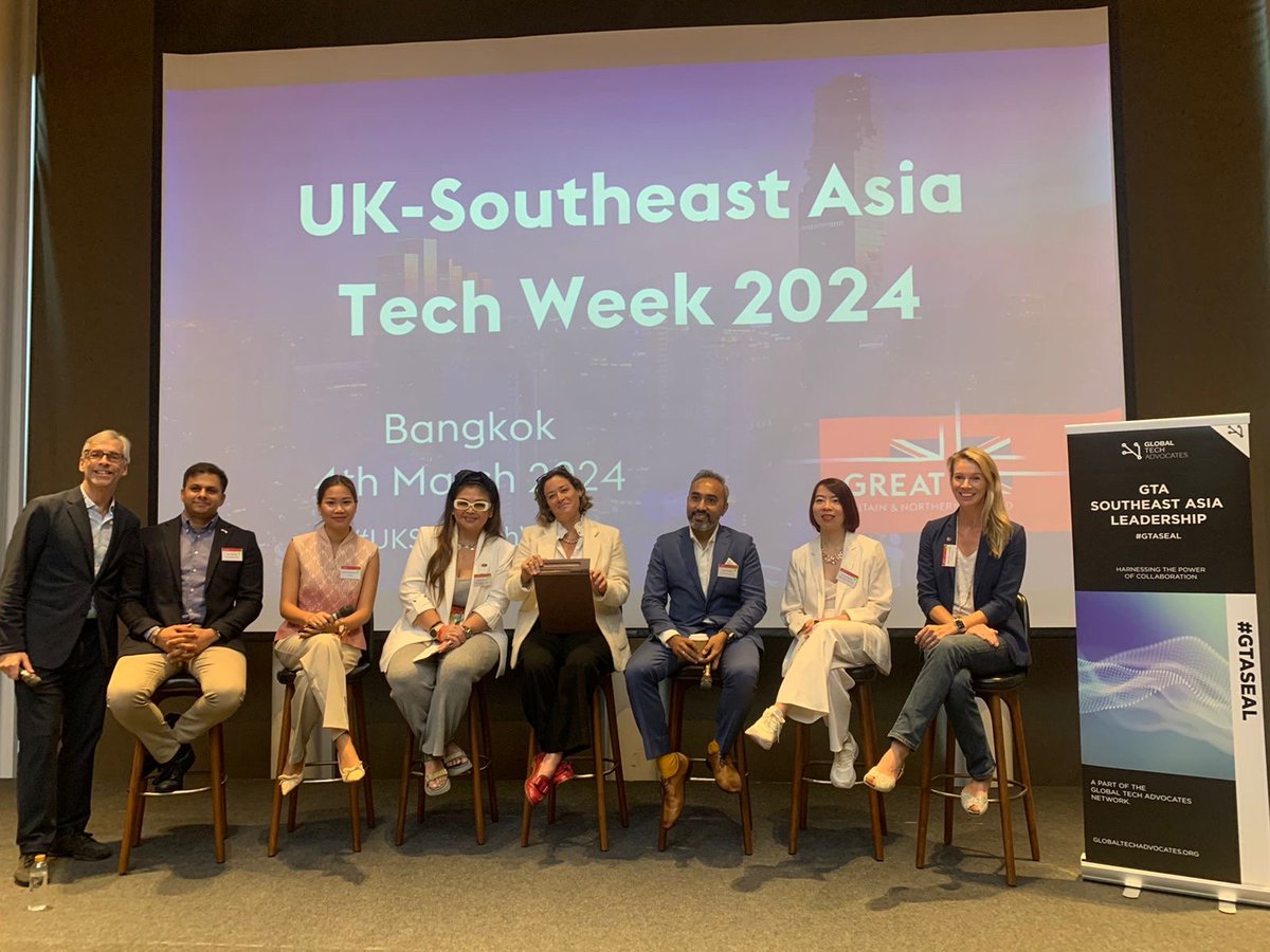 GlobalTechAdv's tweet photo. UK Southeast Asia Tech Week kicked off this morning ⏰

We heard from the UK Ambassador to Thailand 🇹🇭 followed by a fantastic GTA panel 🎙️

See @RussShaw1 and fellow panellists in these pics 📸 https://t.co/ktZyHksg8P