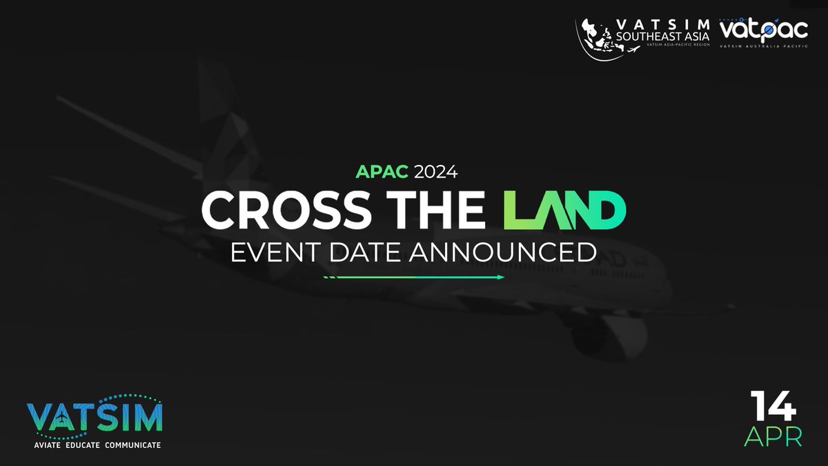 Cross the Land… Asia Pacific Edition is here! Join us in the 14th April for a flight from Australia towards the Southeast Asia! Will you spot the kangaroo in the sky? Airport pairs will be announced soon, so get ready for an amazing journey.

Read more: blog.vatsim.net/cross-the-land…