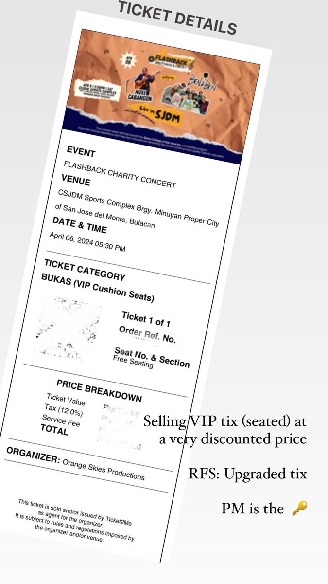 lorrainebagsic's tweet photo. WTS LFB 

Flashback Charity Concert ft Ben&amp;Ben
April 6, 2024
CSJDM, Bulacan

1 Bukas (VIP Cushion Seat)
Orig Price: P2,300
Selling Price: P1900

MOP: GCash

RFS: nakakuha ng better seat 🙈
Grab nyo na po and see you Liwanags! https://t.co/mZT5lILmGA