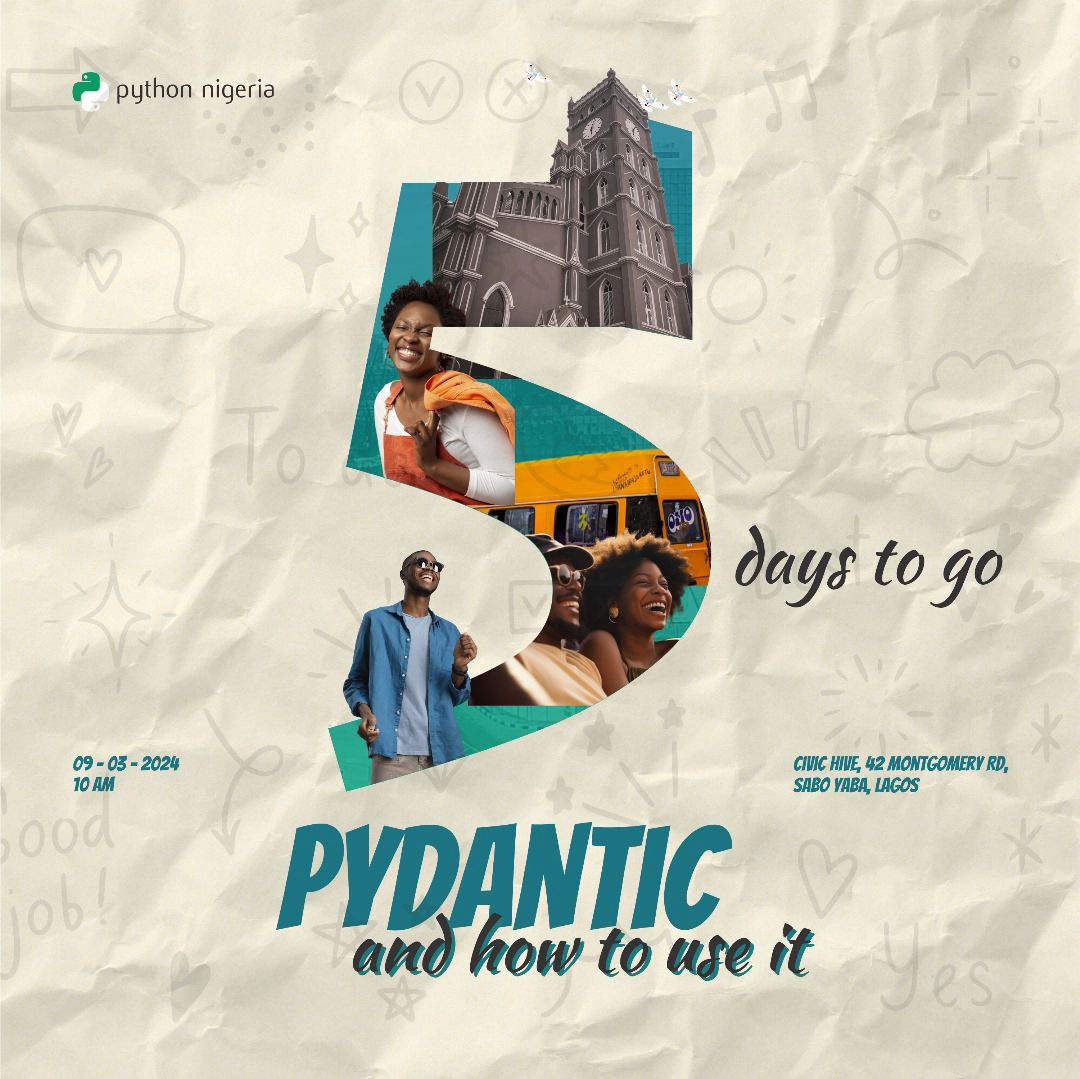 PythonNigeria's tweet image. 5 days to go! 
Calling all #Python enthusiasts! Just a friendly reminder that our IN-PERSON Meetup is happening this Saturday, March 9th. Get ready to geek out over data validation and settings management. See you there!
#pydantic #python #pythonprogramming #pycon