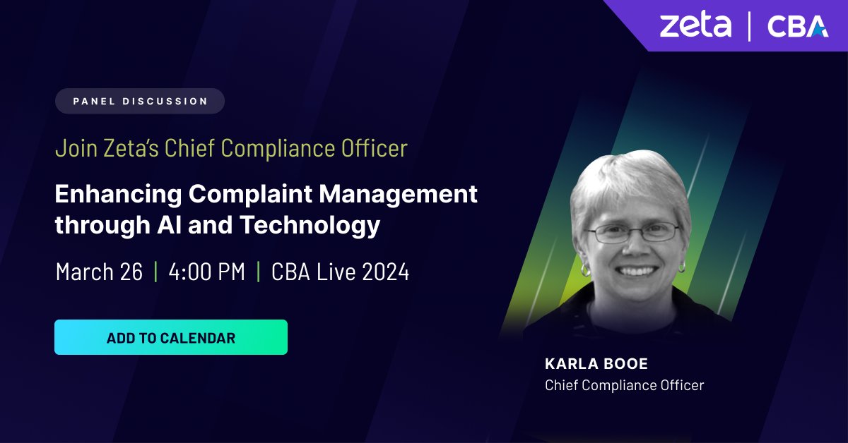 Discover advanced techniques for enhancing complaint management with Zeta's Chief Compliance Officer and a panel of experts from Huntington Bank and Synovus at CBA Live 2024 on March 26th at 4 PM.
hubs.ly/Q02mGG480

#Zeta #CBALive2024 #ComplaintResolution #AI