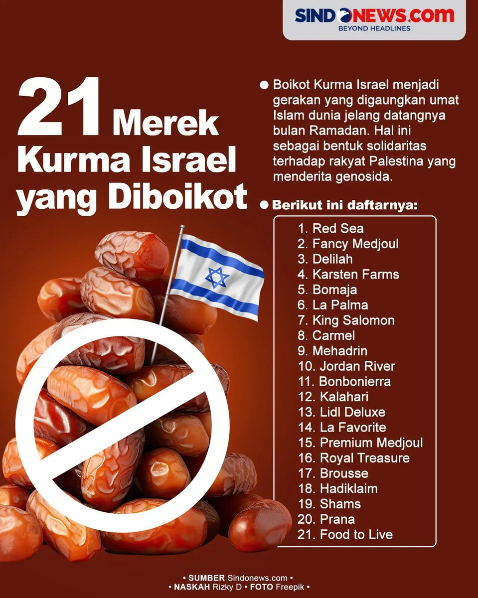 Retweet!
21 Merek Kurma Israel Yang Perlu Diboikot Di Bulan Ramadhan Dan Bulan² Lainnya.

“Belum bisa berbuat banyak untuk palestina, kita akan bagikan di sosial media produk zionis sebagai bentuk solidaritas terhadap rakyat Palestina. Semoga Allah membalas kebaikan atas