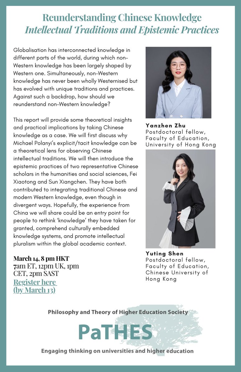 @PaTHES Society (@pathes_society) on Twitter photo Please consider joining us for a seminar with Yanzhen Zhu & <a href="/JulianneChu23/">Yanzhen Julianne Zhu 朱彦臻</a> - we wil be discussin their paper on "Reunderstanding Chinese Knowledge. Intellectual Traditions and Epistemic Practices."
🗓️14th March 2024
⏰ 8 pm HKT, 1 pm CET
Registration🔗 bit.ly/3InWmf0 Please consider joining us for a seminar with Yanzhen Zhu & <a href="/JulianneChu23/">Yanzhen Julianne Zhu 朱彦臻</a> - we wil be discussin their paper on "Reunderstanding Chinese Knowledge. Intellectual Traditions and Epistemic Practices."
🗓️14th March 2024
⏰ 8 pm HKT, 1 pm CET
Registration🔗 bit.ly/3InWmf0