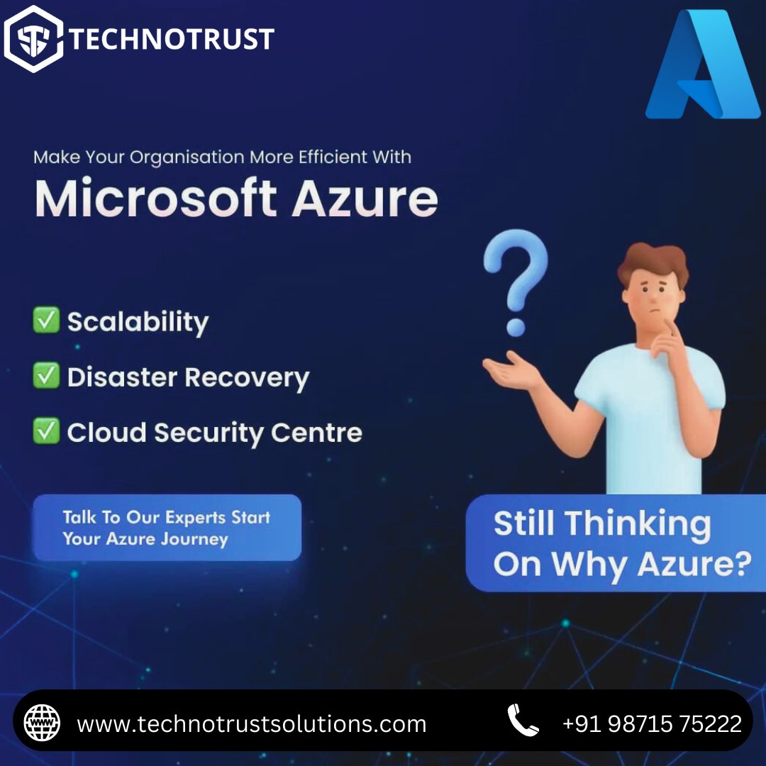 TechnotrustS's tweet image. Transform your organization with Microsoft Azure! Explore the power of Azure with top-notch features like Cloud Security Center, Disaster Recovery, and Scalability. Ready to enhance your efficiency and resilience? #AzureTransformation #CloudSecurity #DisasterRecovery #Scalability
