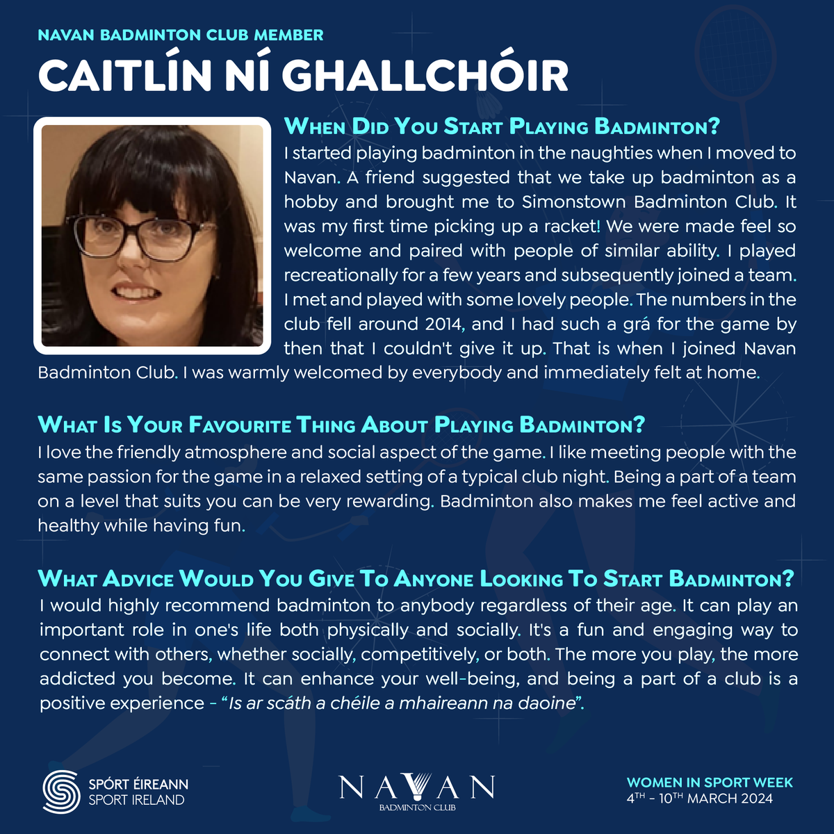 NavanBC's tweet photo. Excited to celebrate @SportIreland's #WomenInSportIRE week at #Navan #Badminton Club!
This week, we're #spotlighting our #incredible #female players. #Today, meet Caitlín Ní Ghallchóir, a true #inspiration on and off the court.
#EmpoweringWomen #ClaremontStadium #Meath #Ireland https://t.co/rBWc7qvnuQ