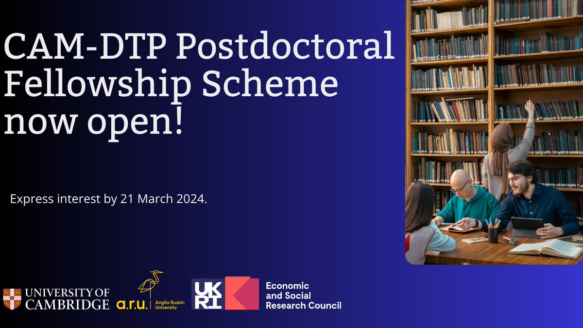 Recently finished a PhD or wrapping up your thesis? Interested in a career in academia? The CAM-DTP Postdoctoral Fellowship Scheme is a great way to gain experience. Funding available for one year full-time, or two part-time. Express interest by 21 March👉 esrcdtp.group.cam.ac.uk/fellowships/ho…