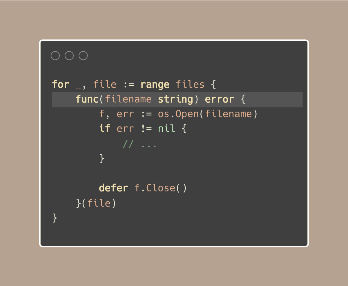 func25's tweet photo. 💡Golang Tip #39: Avoid defer in loops, or your memory might blow up.

When we use defer in Go, we're scheduling a function to run later, just before the current function returns.
However, placing defer within a loop like this isn't advisable:
(For simplicity, let's not consider the error handling of f.Close).

Here are two key points to consider:

1. Execution Timing

All these deferred calls execute only when the function is about to return, not after each iteration of the loop.

If your loop is part of a long-running function, this means none of your deferred tasks will be executed until much later.

This is especially problematic when those deferred tasks are intended for releasing resources or cleanup. Instead of freeing up resources as soon as we're done with them, we end up waiting until the very end.

2. Potential for Memory Blow-up

Each defer adds an entry to the memory.

In a loop that iterates hundreds or thousands of times, we accumulate a stack full of deferred calls, each consuming memory.

The details of each deferred call (such as the function to call and its arguments) need to be stored somewhere.

This storage is allocated in the function's stack frame (or on the heap, based on the compiler's strategy)

There are several strategies to mitigate the impact. If looking for a "lazy" fix, consider using an anonymous function: 
We could separate this functionality into a named function, or perhaps, cautiously choose not to use defer (bearing in mind the risk of panic).

#golang